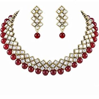 Karatcart Kundan And Red Beads Brass Choker Necklace & Earrings For Women