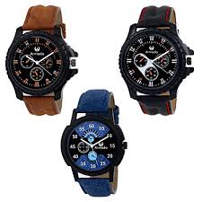 Om Designer Analogue Black Dial Men's & Boy's Watch Leather Strap Combo Pack of 3