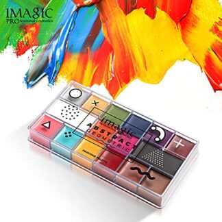 Beauty World Imagic Abstract Geometric 16 Color Face Paint Palette designed with a plastic transparent case. With safety ingredients, oil-based formula, creamy texture, and 16 pigmented and vibrant colors