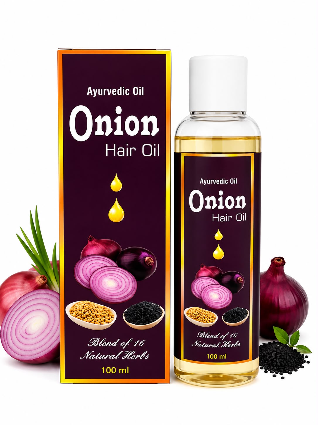 Onion Hair Oil 100 ml Blend with 16 Natural Herbs ! Boosts Hair Thickness, Repairs Damaged Hair